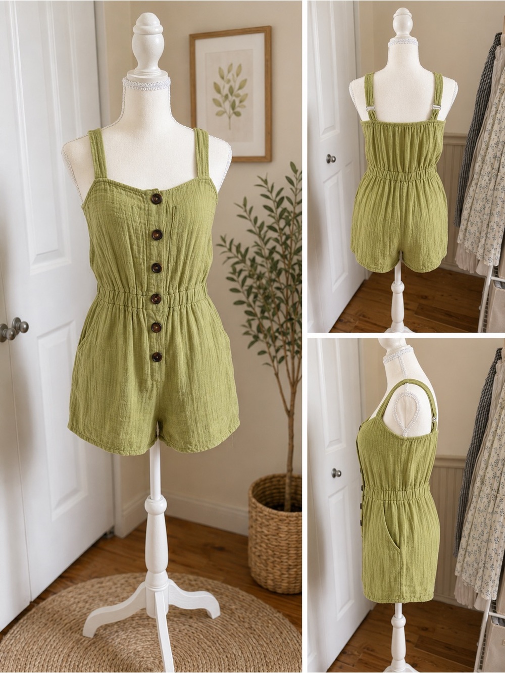 Light Olive Green Button-Front Linen-Blend Romper